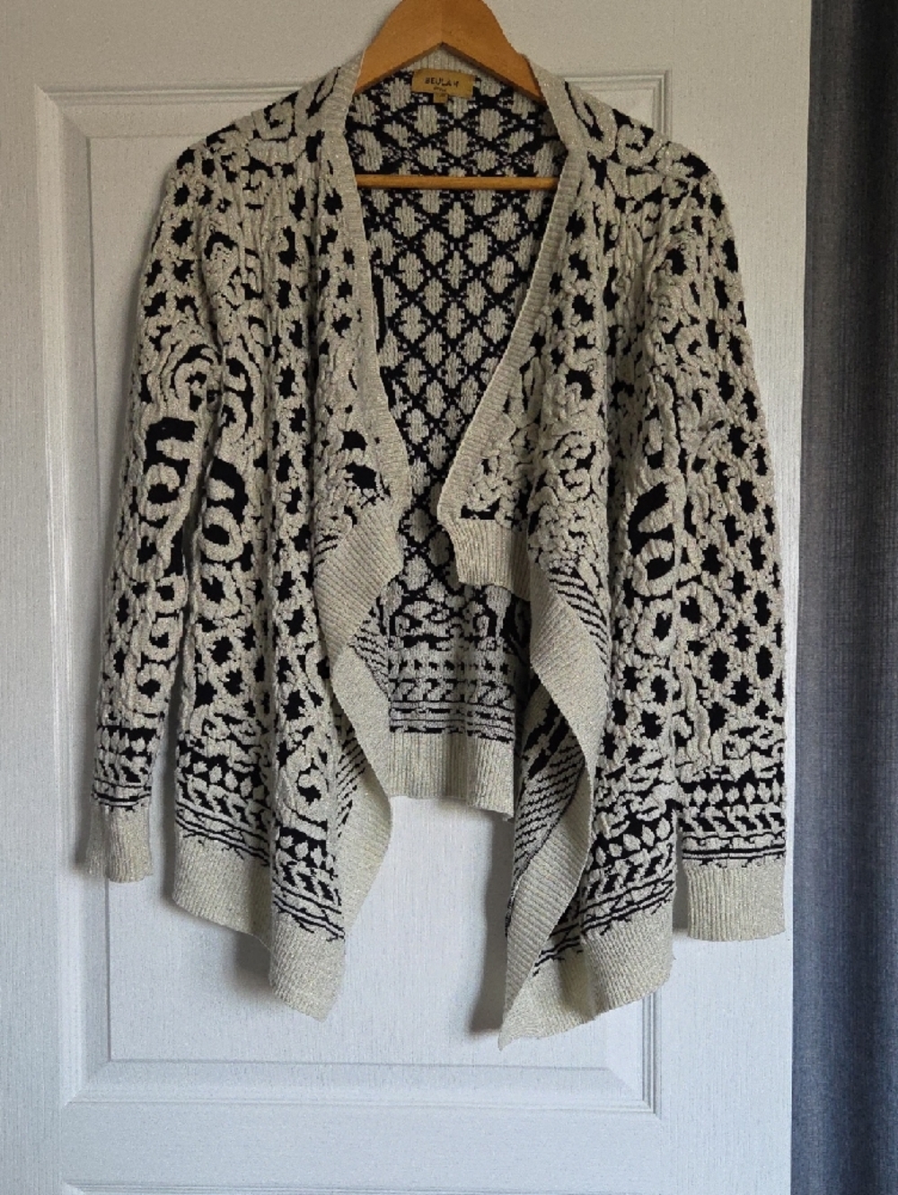 Beulah Style Cream and Black Patterned Knit Sweater w Gold Sparkles